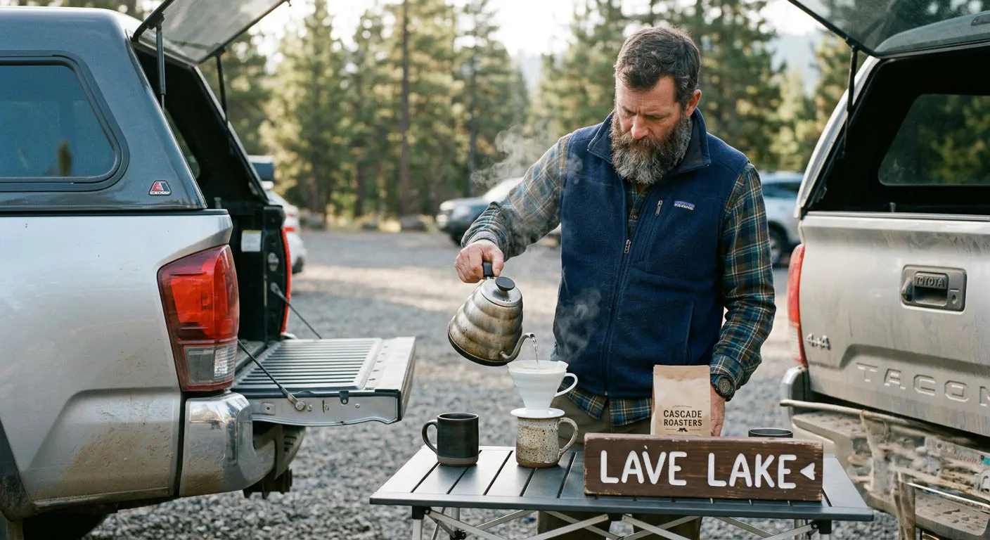 A medium close-up shot of a bearded man in his late 40s wearing a worn fleece vest, standing at the back of a dusty silver pickup truck at the Lava Lake