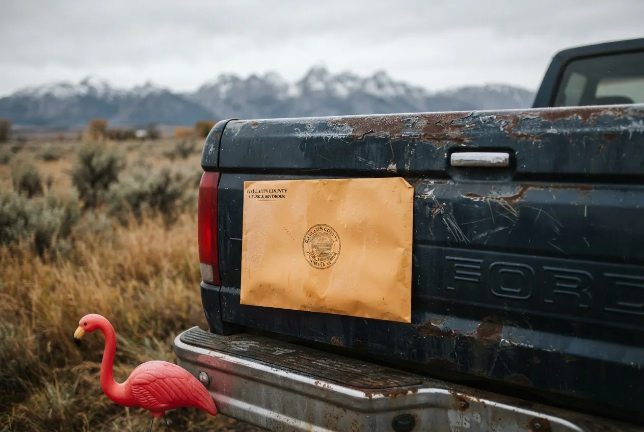 A close-up, eye-level shot of a weathered manila envelope sitting on the rusted, peeling tailgate of a 1998 Ford F-250.