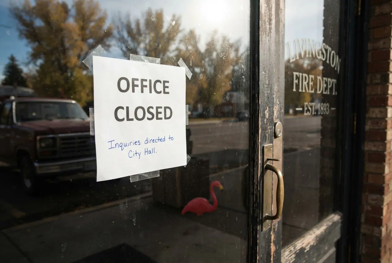 A tight, eye-level close-up of the glass front door to the Livingston Fire Department headquarters on a bright, crisp October afternoon.