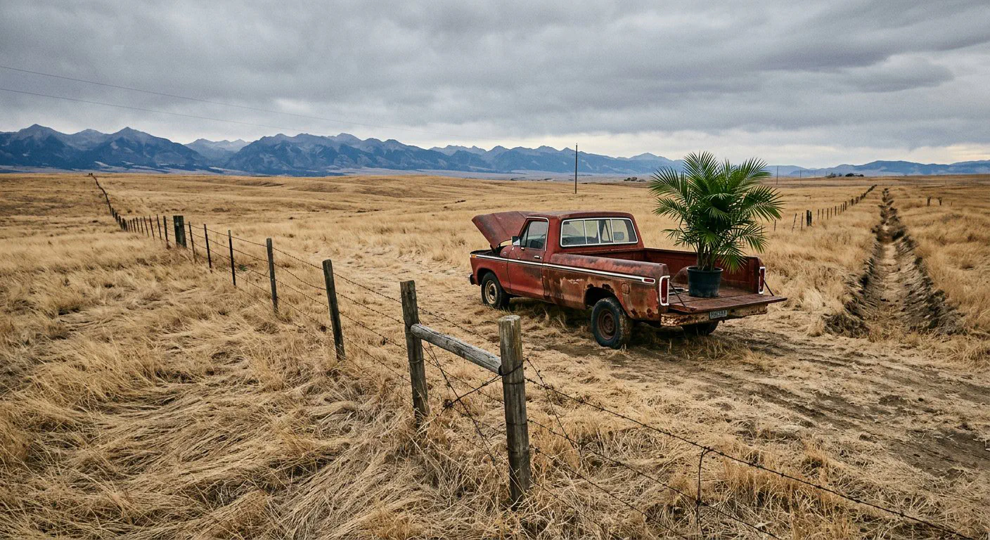 A wide-angle, eye-level shot of the expansive, golden-brown prairie on the eastern edge of Livingston, Montana, during a late-autumn afternoon.