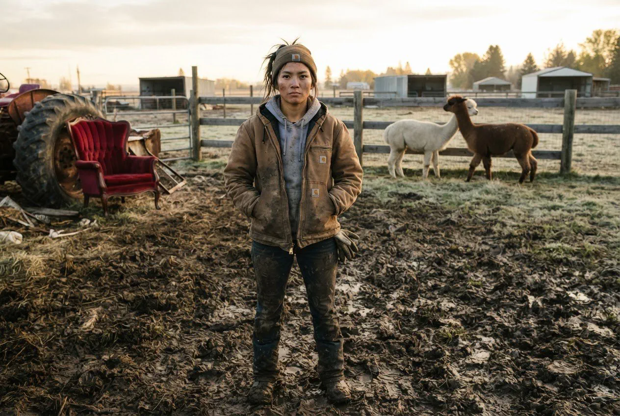 A medium shot of Elena, a 28-year-old ranch hand of Hmong descent with a lean, athletic build, standing in the center of a mud-caked paddock on the outskirts