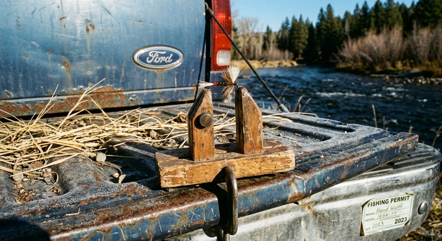 A close-up, top-down shot of a weathered, wooden fly-tying vise clamped firmly to the rusted, corrugated metal tailgate of a 1998 Ford F-150.