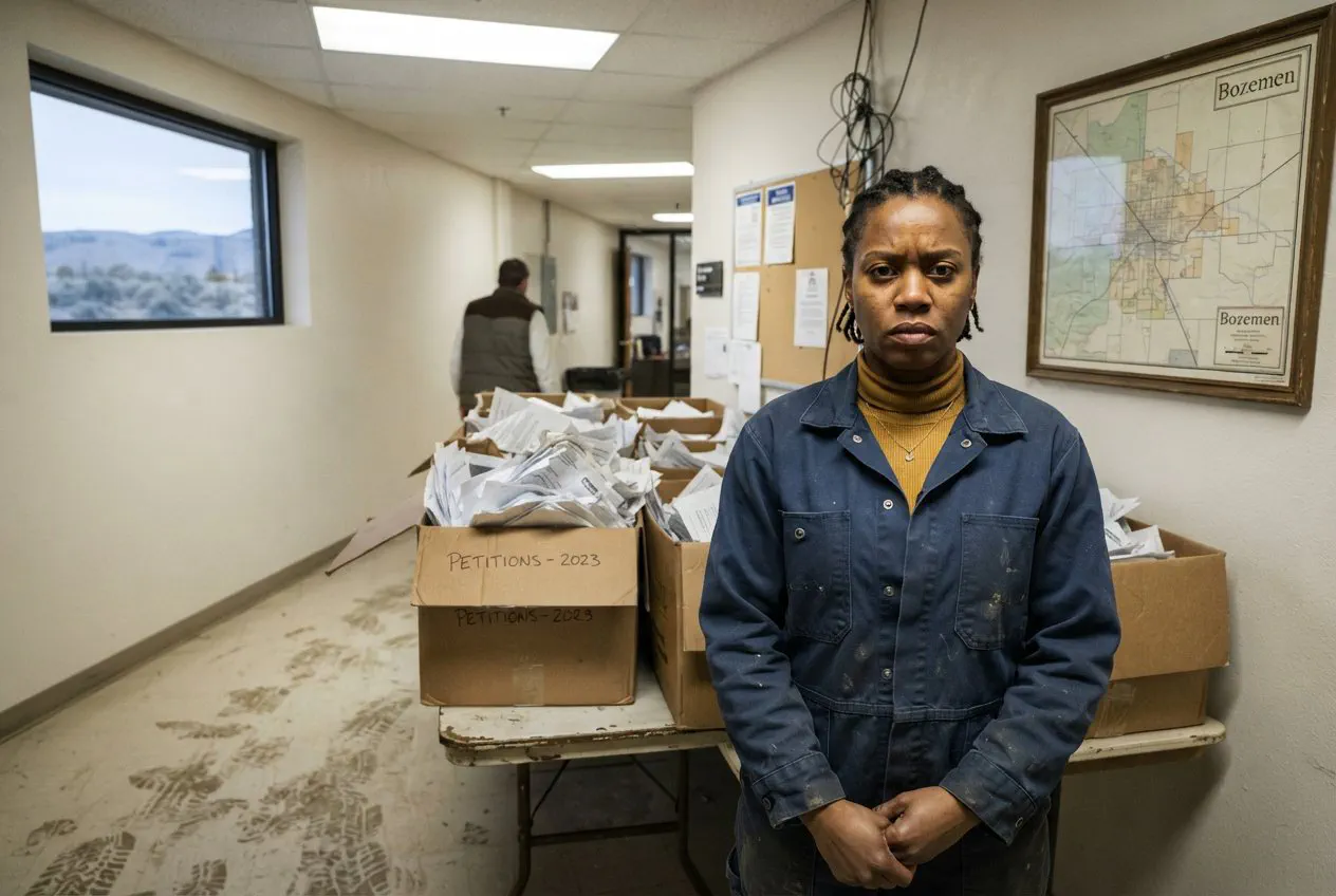 A medium shot of Elena Vance, a 32-year-old Black woman with short, braided hair, standing in the sterile, fluorescent-lit hallway of the Gallatin County Clerk