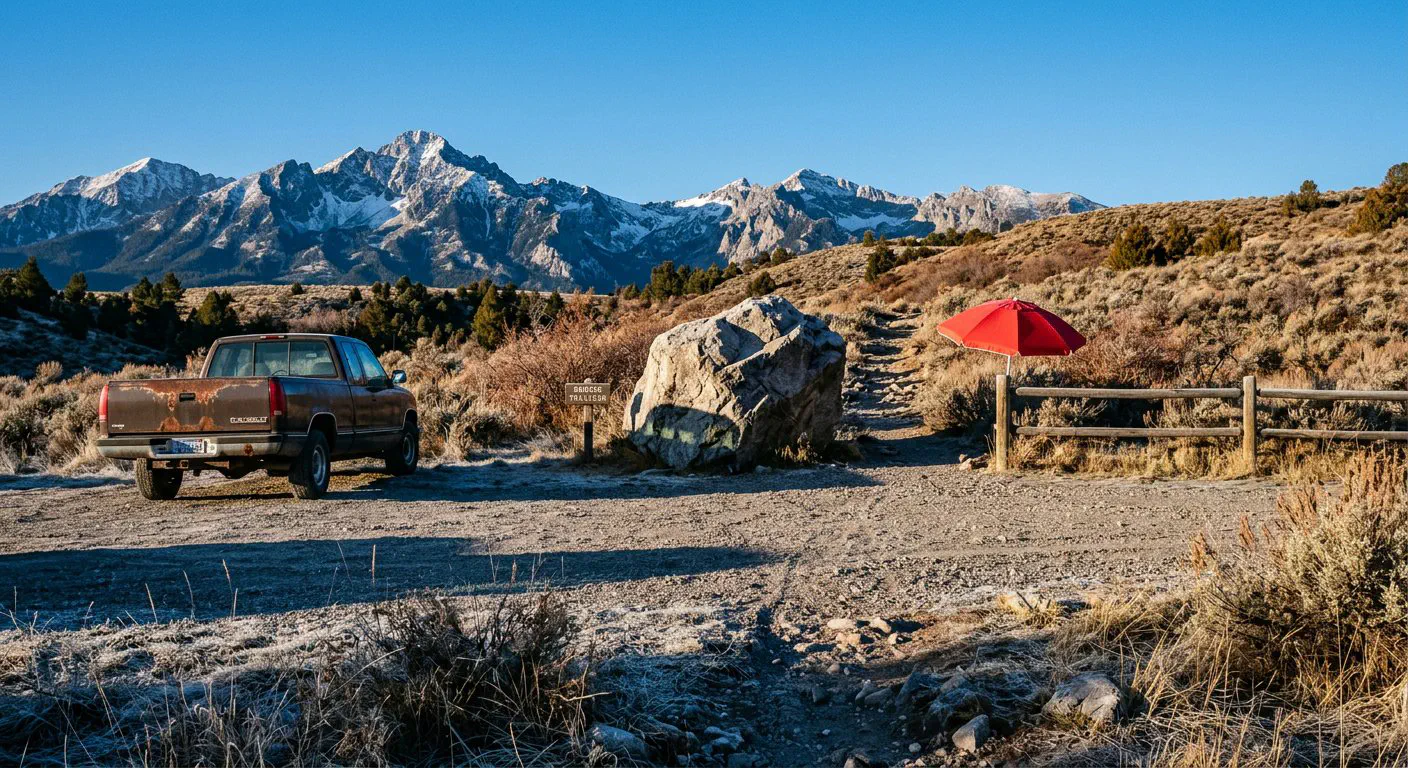 A wide-angle, eye-level shot of the trailhead parking area at the base of the Bridger Mountains in late October.