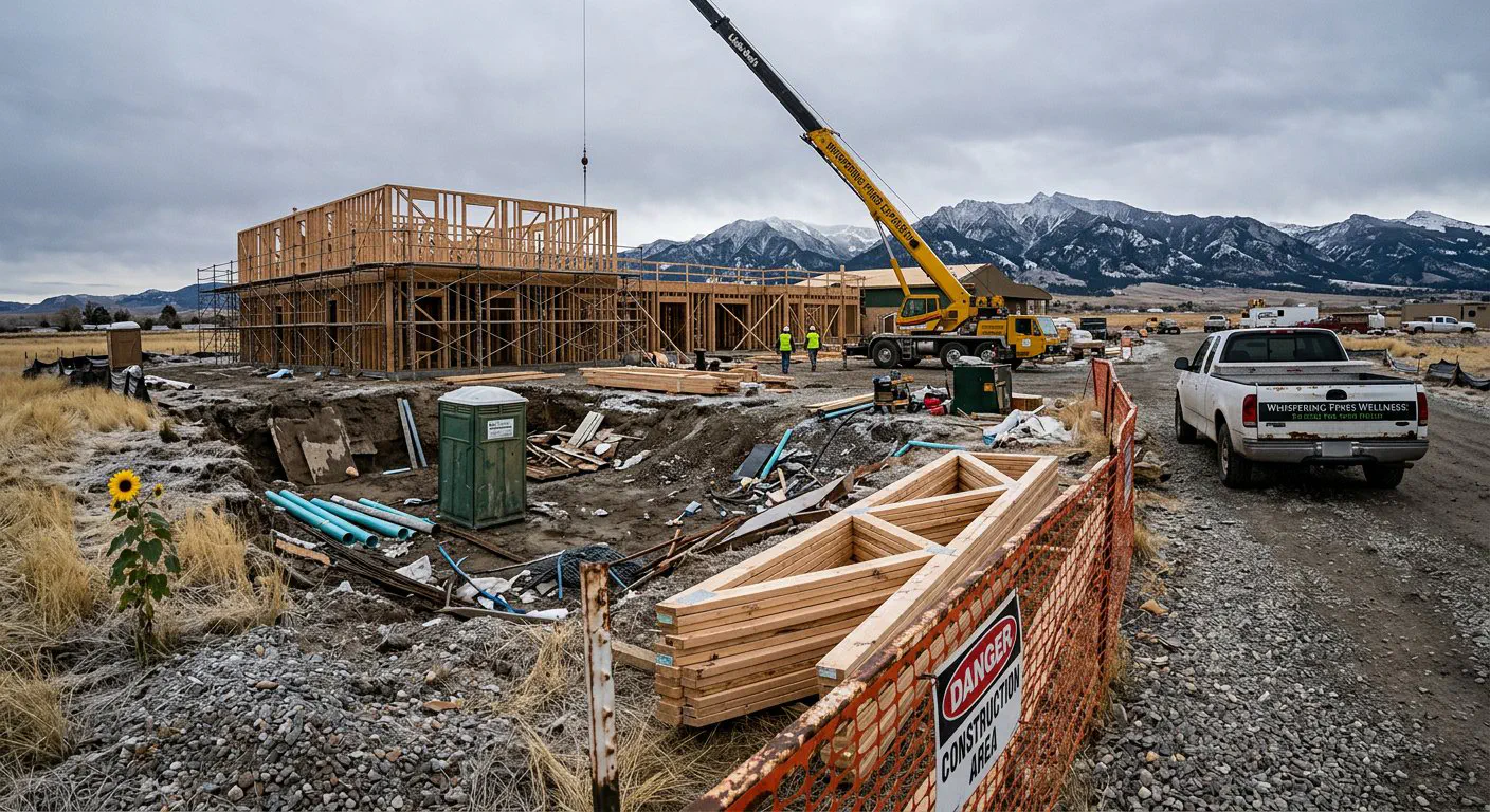 A wide-angle, eye-level shot of the Whispering Pines Wellness Center expansion site in Four Corners, Montana.