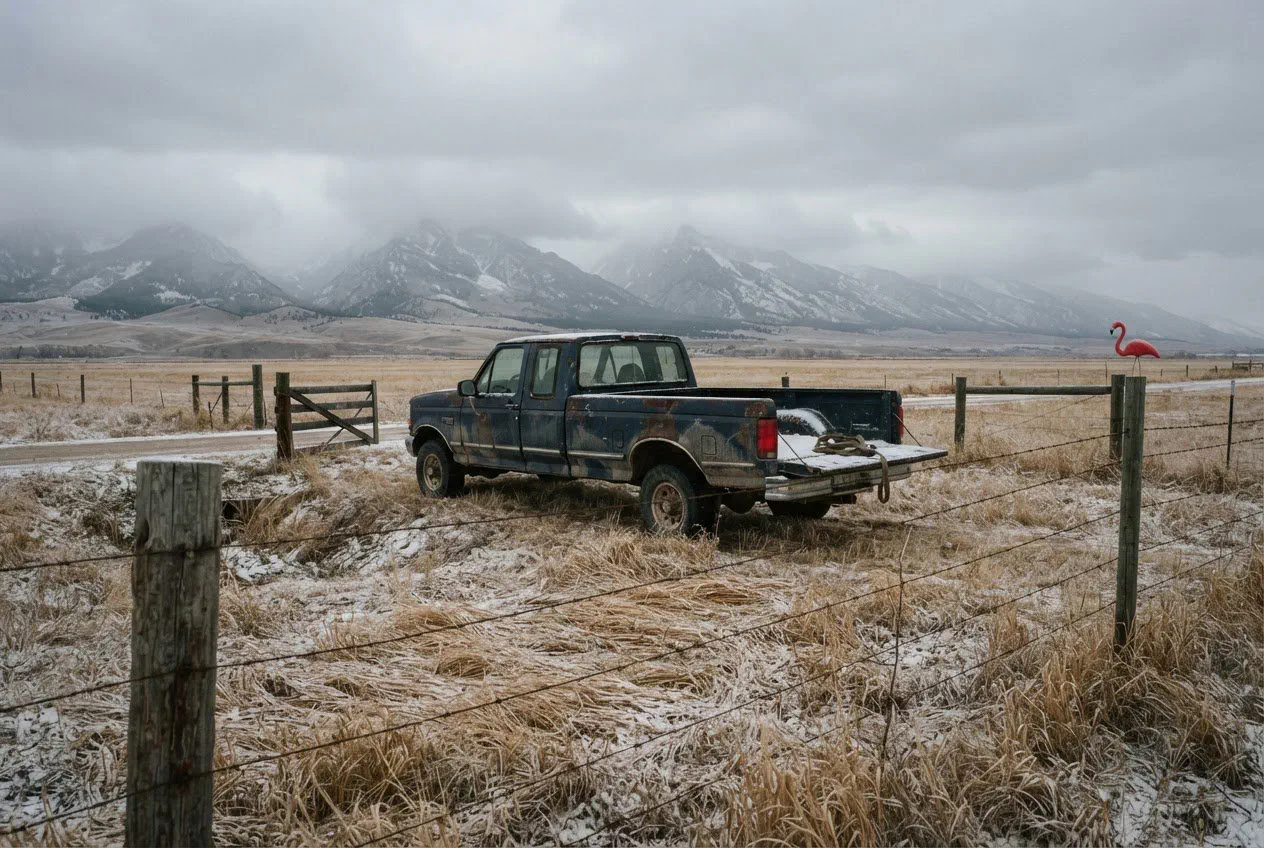 A wide-angle, eye-level shot of a weathered barbed-wire fence stretching across a frost-dusted wheat field near the base of the Bridger Range in Southwest