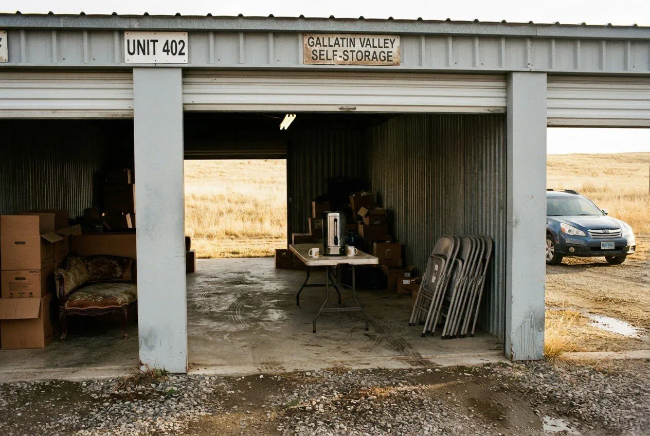 A wide-angle, eye-level shot of Unit 402 at the Gallatin Valley Self-Storage facility on a crisp October afternoon.