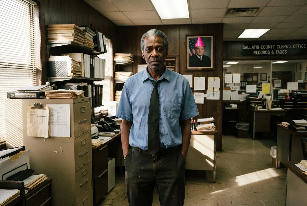A medium-full shot of Elias Thorne, 58, a lean, weary-looking Black man with silver-streaked hair, standing in the center of the Gallatin County Clerk’s office.