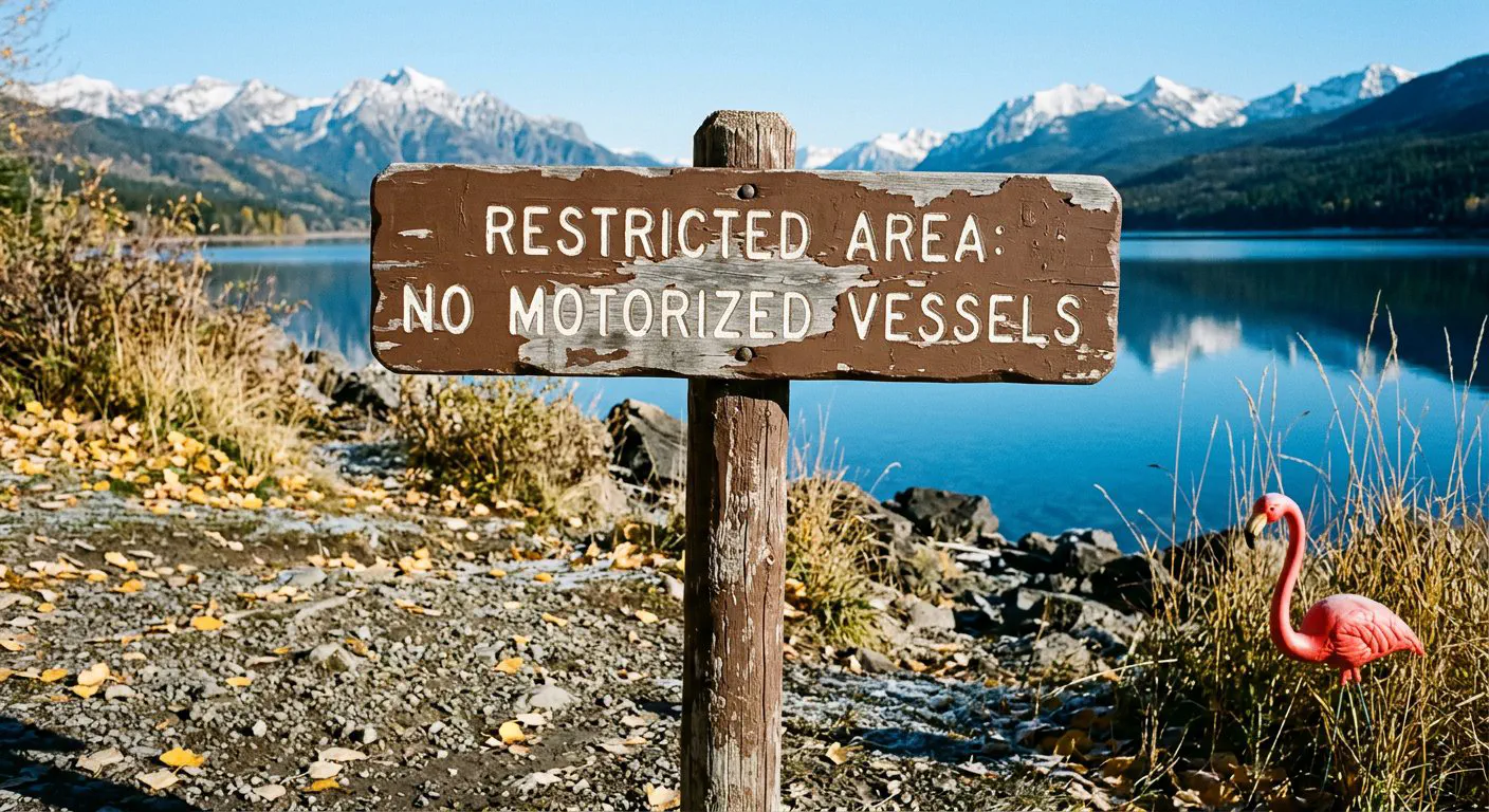 A medium shot, taken at eye level, of a weathered, Forest Service-brown wooden signpost at the edge of Hyalite Reservoir.