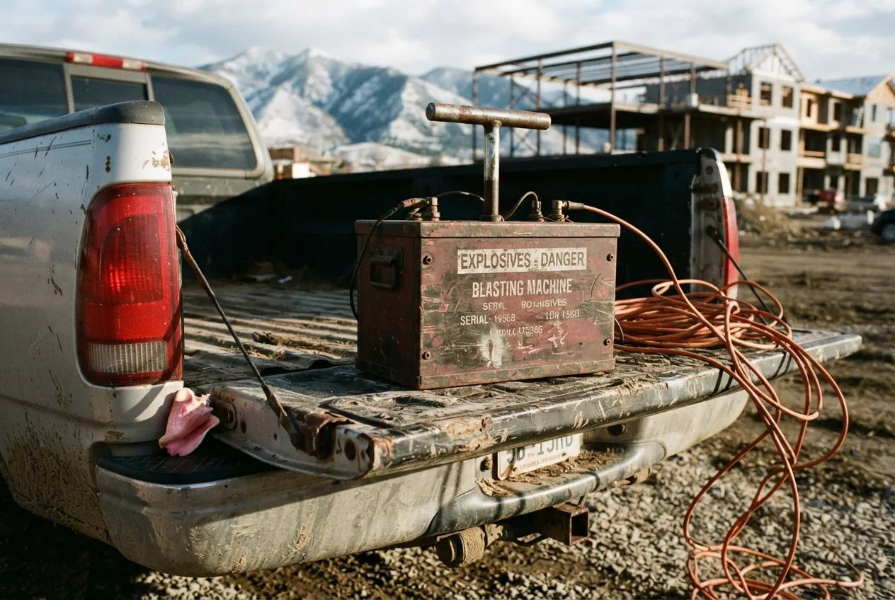A close-up, eye-level shot of a heavy-duty, industrial-grade blasting plunger box resting on the weathered, splintered tailgate of a 1998 Ford F-150.