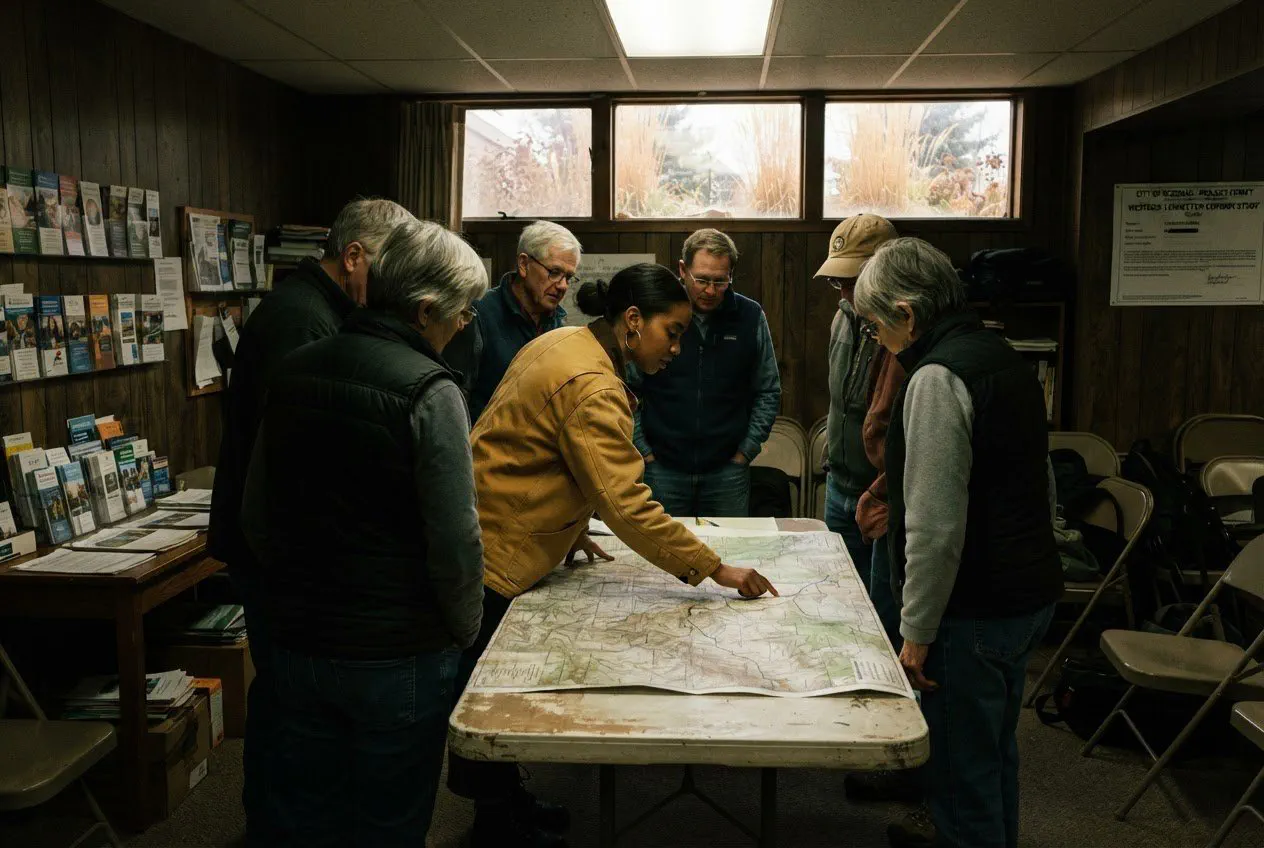 A candid, eye-level shot inside the cramped, wood-paneled basement of the Bozeman Public Library.