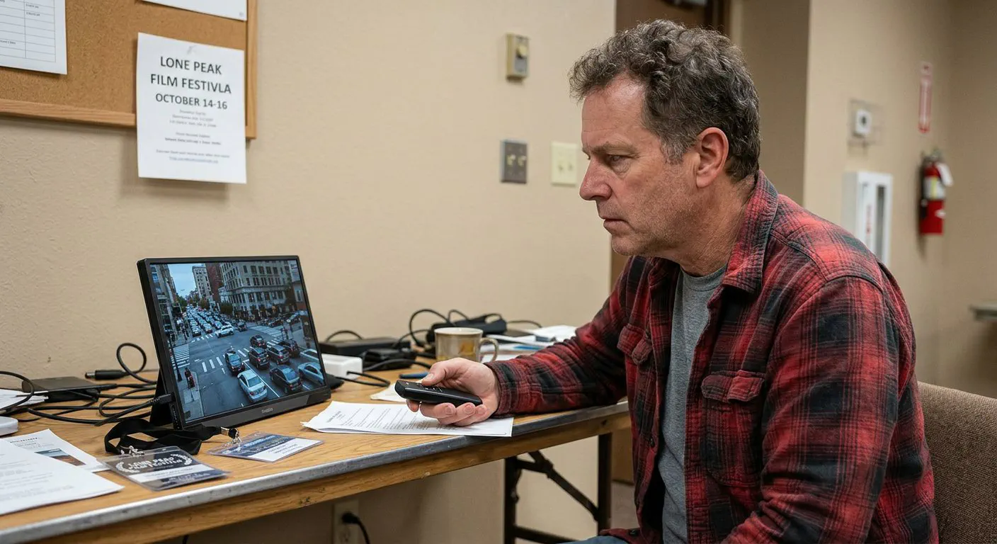 A tight, eye-level portrait of a middle-aged film festival organizer sitting at a cluttered wooden folding table in a dusty community hall.