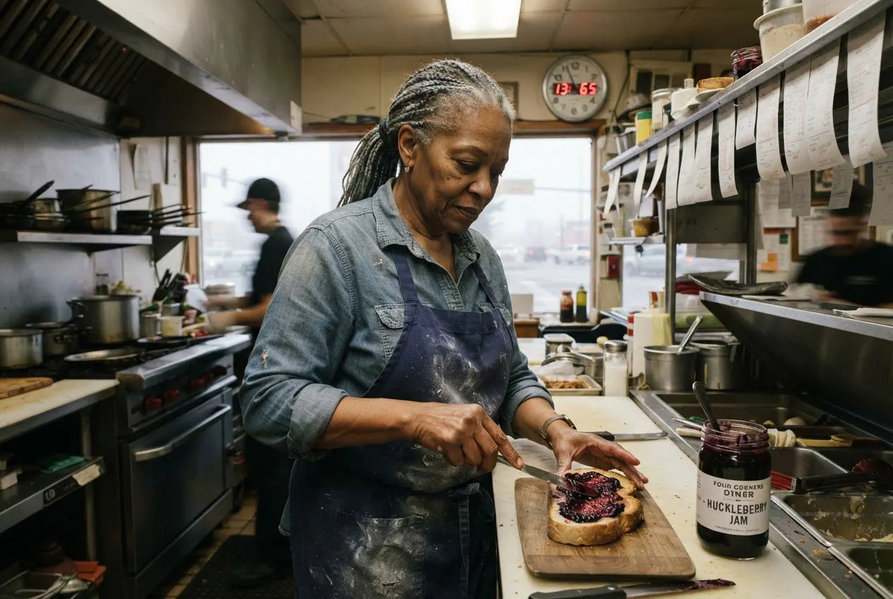 A close-up, candid shot of Darlene Forrester, a 72-year-old Black woman with silver-streaked braids pulled back, working in the cramped Four Corners Diner