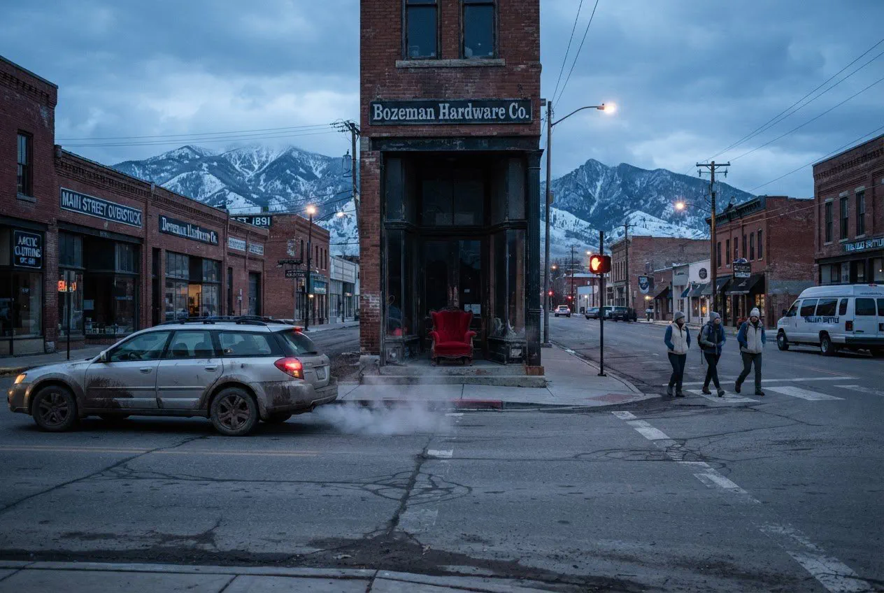 A wide-angle, eye-level street shot taken from the sidewalk across Main Street in Bozeman at 6:15 a.m.