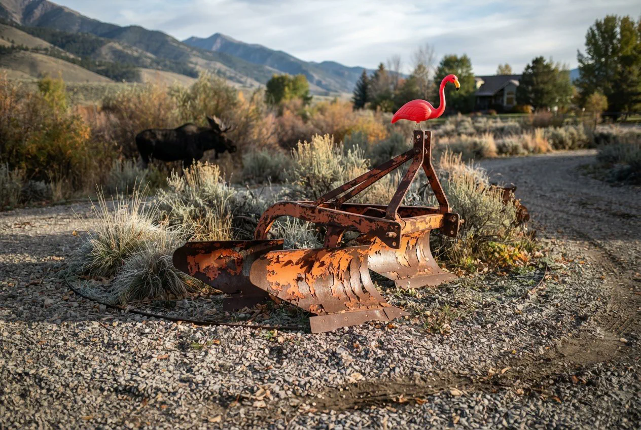 A wide, eye-level shot of the Henderson family’s rusted iron plow blade, abandoned in the center of their gravel circular driveway in Bridger Canyon.