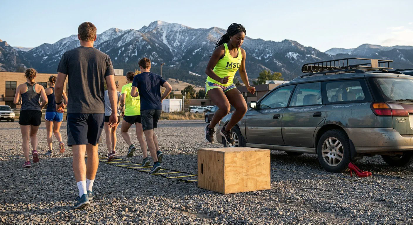 A candid, eye-level shot from behind a group of seven MSU Alpine Ski Club members in the gravel lot behind the Strand Union Building.