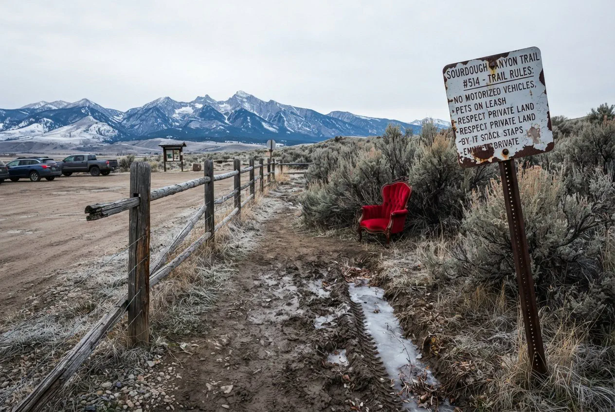 A wide-angle, eye-level shot of the Sourdough Trailhead in Bozeman during a late-October afternoon.