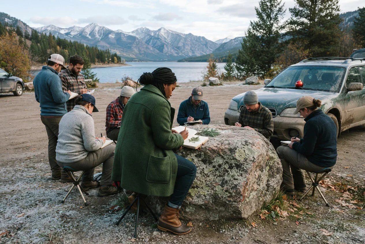 An eye-level, candid shot from behind a group of seven people gathered at the edge of the Hyalite Reservoir trailhead.