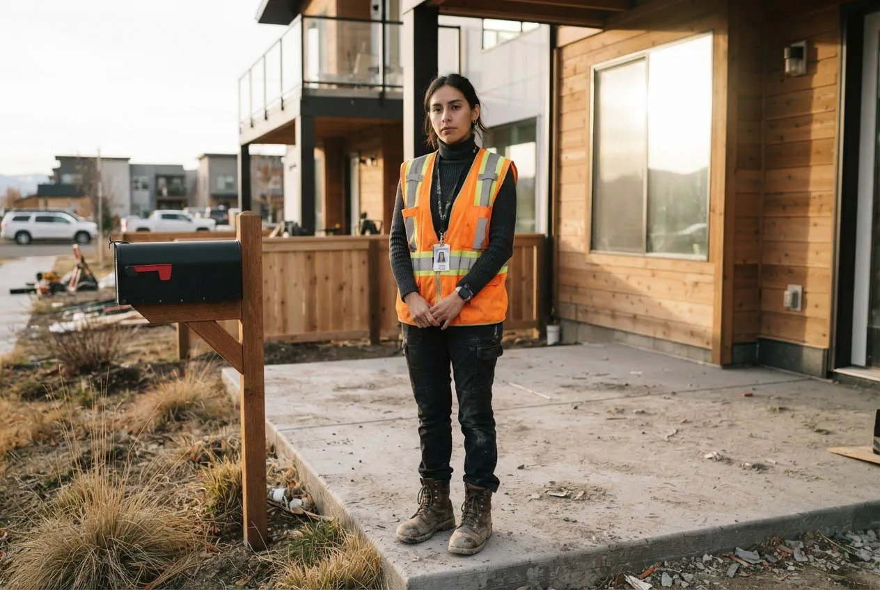 A full-length portrait of Elena, a 29-year-old Latina architect with a slender build, standing on the unfinished concrete patio of a townhome unit on North