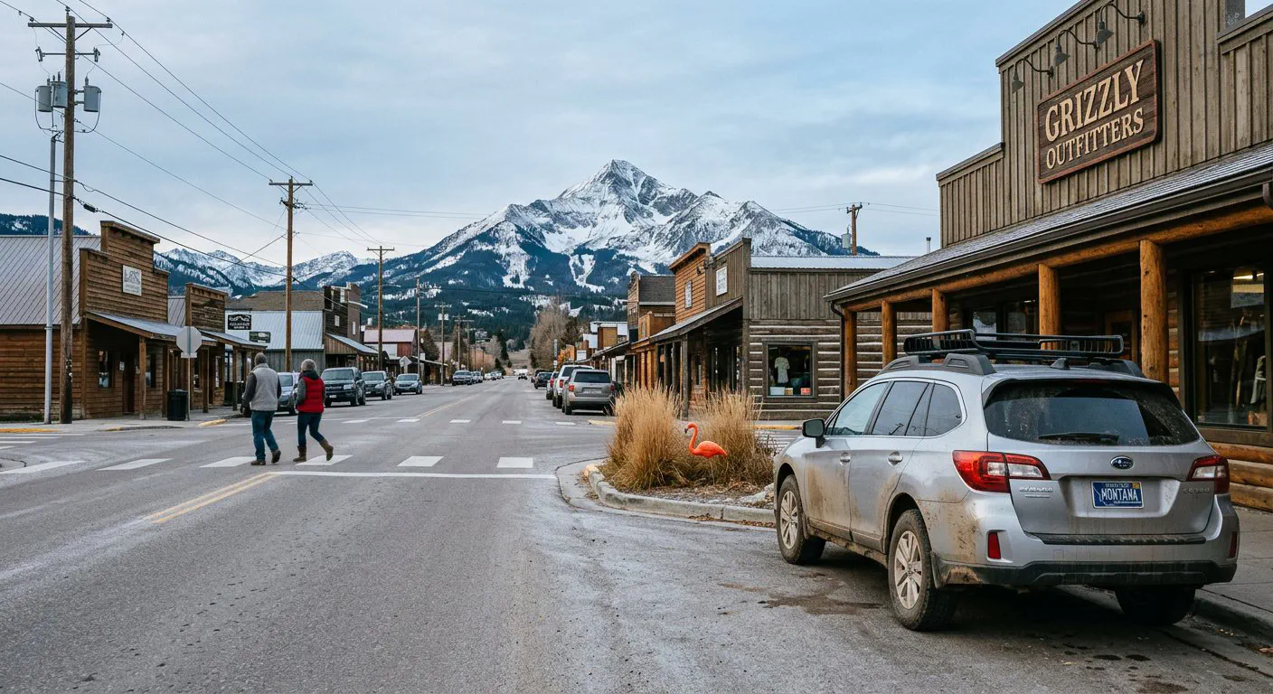 A wide, eye-level street shot of Main Street in Big Sky, Montana, captured during the late-October shoulder season.