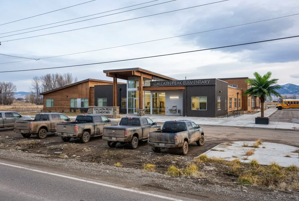 A wide, eye-level street shot of the newly completed "Gallatin Peak Elementary" at Four Corners, Bozeman, under the harsh, low-angle light of a late Montana