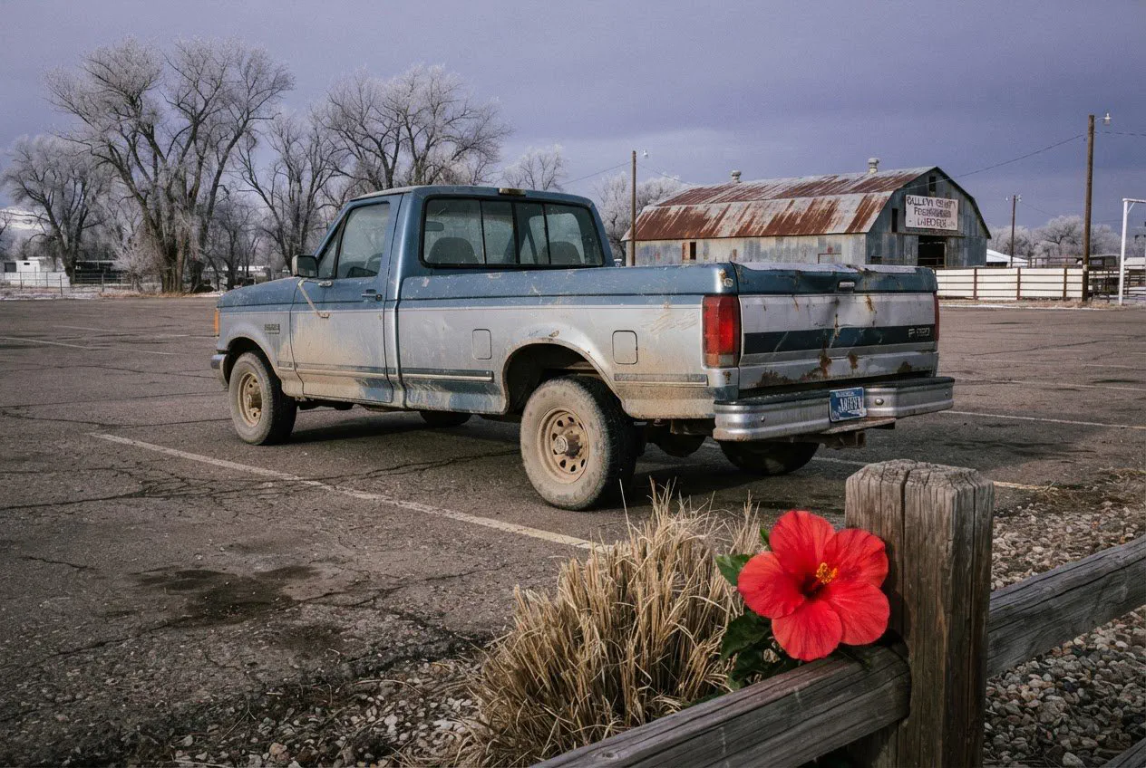 A weathered, two-tone 1988 Ford F-150 sits parked on the cracked asphalt of the Gallatin County Fairgrounds lot.