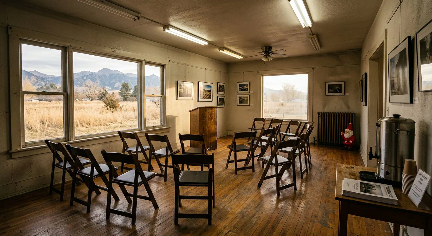A wide-angle, eye-level shot of the main living room in the 1920s North 19th Avenue cottage, now repurposed as a makeshift gallery.