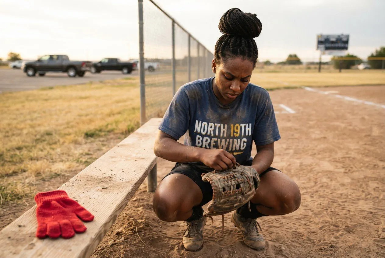 A tight, candid shot of Maya, a 24-year-old Black woman with her hair in a high, braided bun, kneeling in the dirt of the Four Corners softball field.