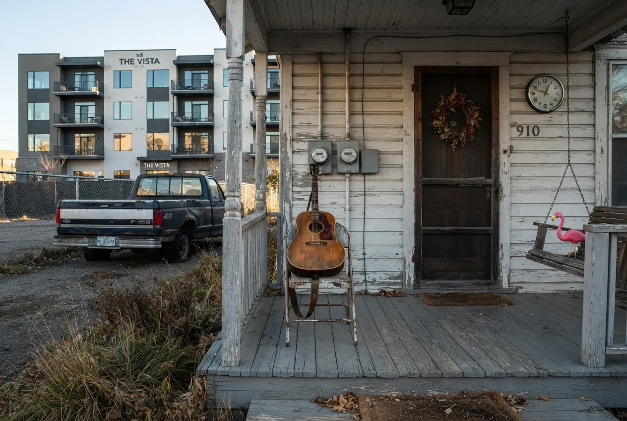 A medium-angle, eye-level shot of the wooden porch at the 1920s Linden cottage on North 7th Avenue in Bozeman.