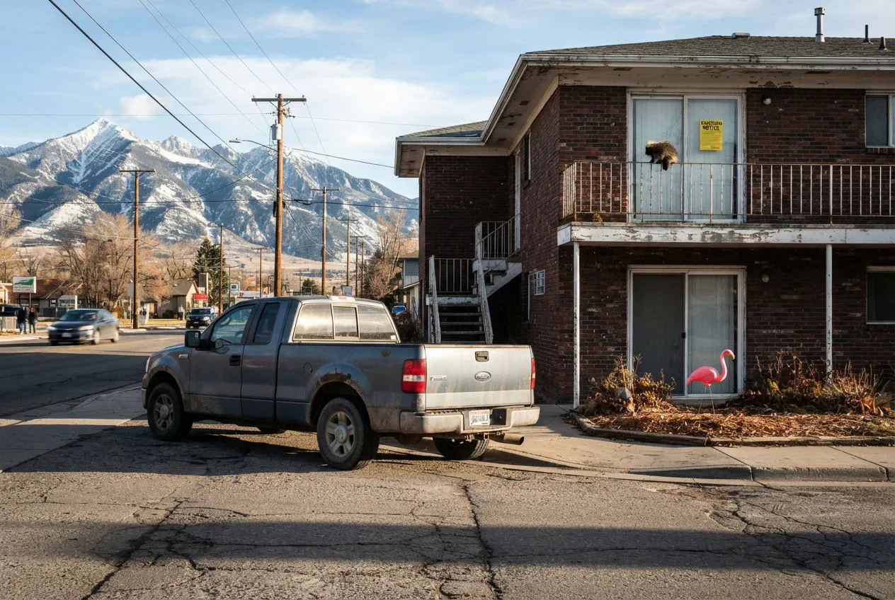 A wide-angle, eye-level street shot taken from the sidewalk across North 7th Avenue in Bozeman.