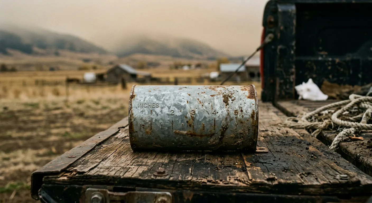 A close-up, eye-level shot of a rusted, dented galvanized steel rain gauge sitting on the weathered, splintered wood of a pickup truck tailgate.