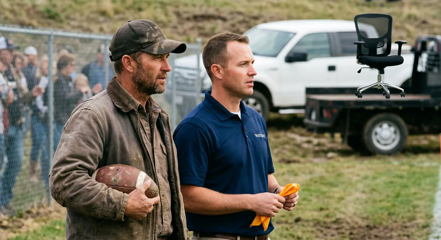 A tight, waist-up shot of a rugged rancher in a mud-splattered ball cap and a clean-cut realtor in a crisp polo shirt standing side-by-side on the sidelines