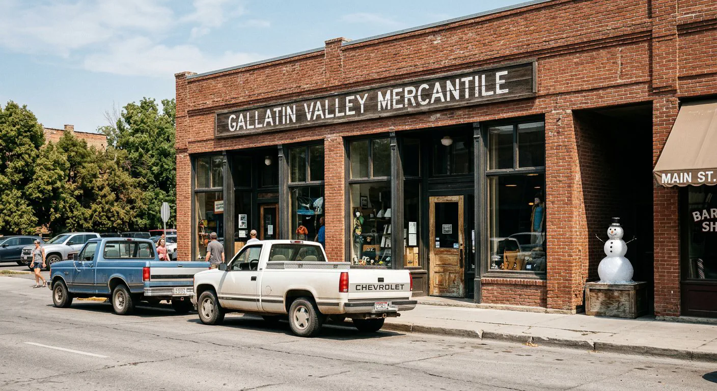 A street-level, eye-level shot of the historic brick storefront of the Gallatin Valley Mercantile on Main Street in Bozeman.