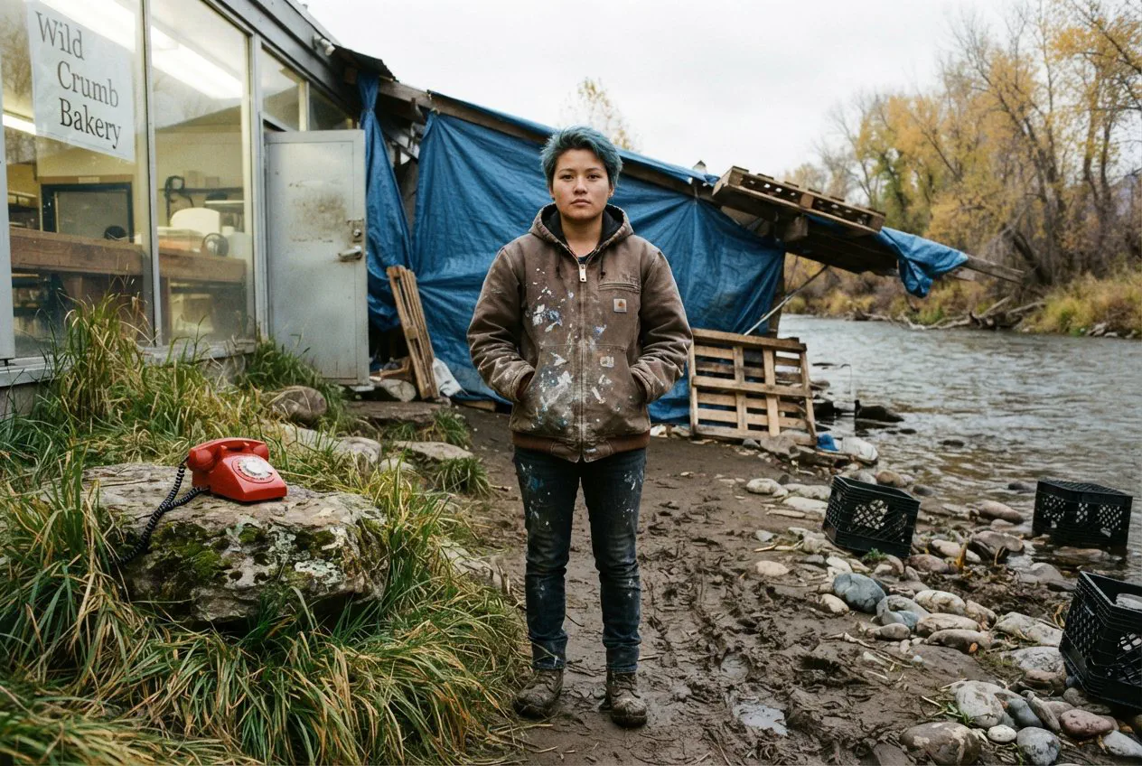 A medium shot of Elena, a 28-year-old Hmong-American woman with short, dyed-blue hair and a heavy, paint-stained Carhartt work jacket.