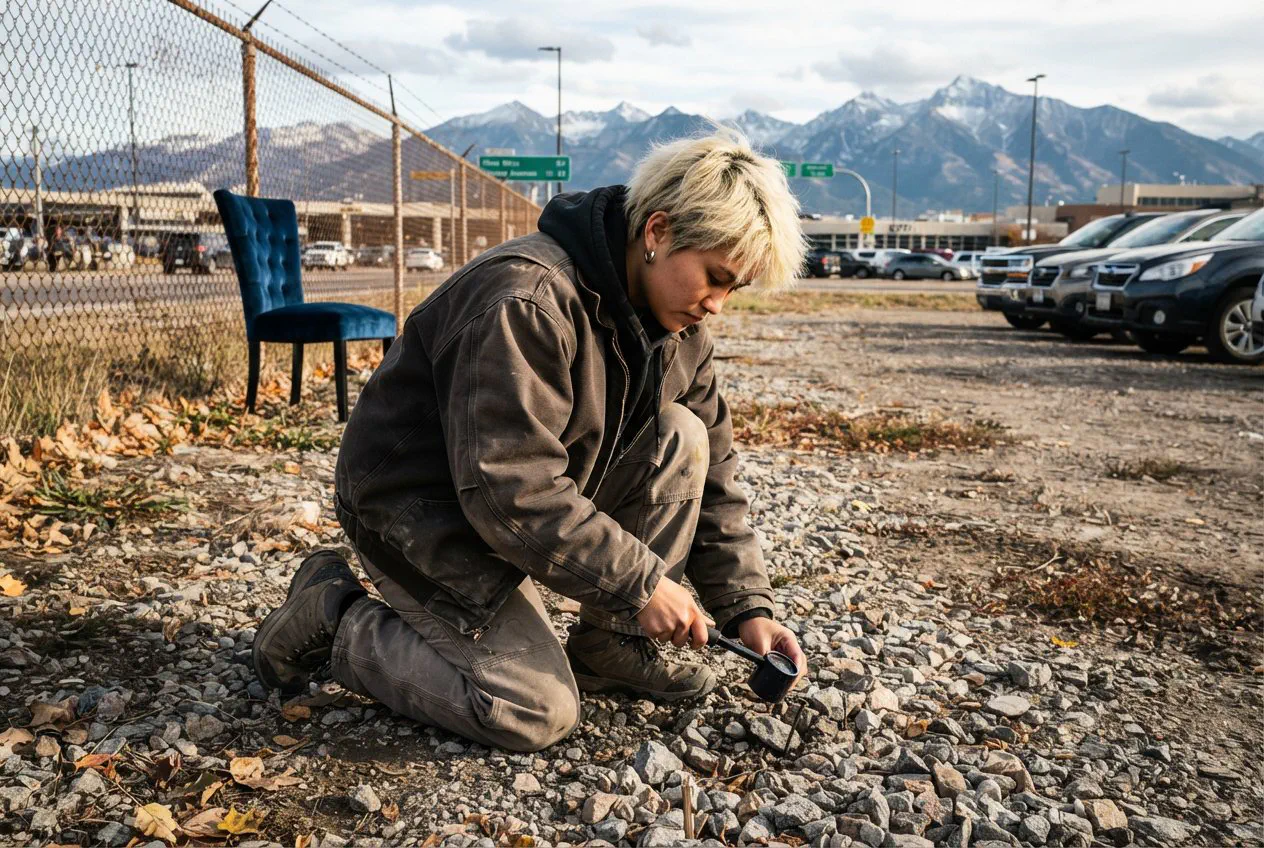 A 24-year-old Hmong woman with short, bleached-blonde hair kneels in the gravel lot north of the Bozeman Yellowstone International Airport.
