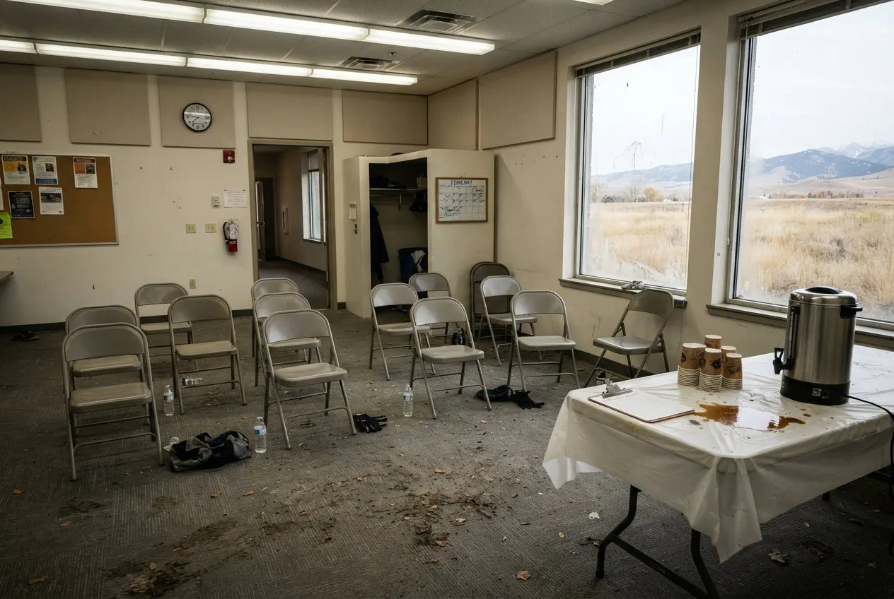 A wide-angle, eye-level shot of the community meeting room at the Bozeman Public Library, just after the Saturday morning run club cleared out.