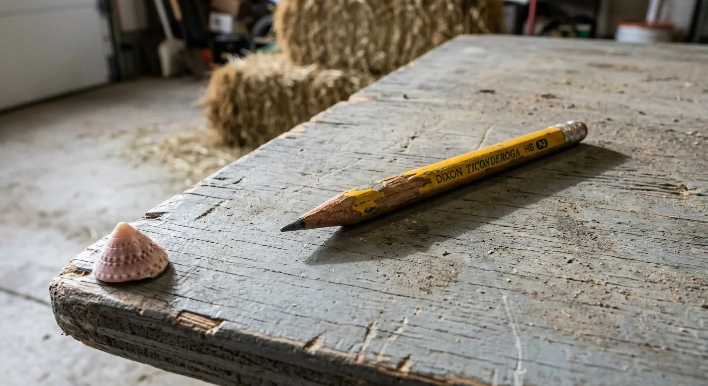 A close-up, eye-level shot of a single, well-worn wooden pencil resting diagonally across a weathered, gray-painted plywood folding table.