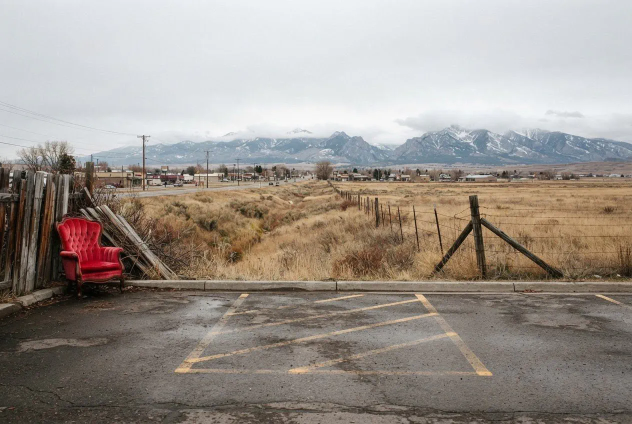 A wide-angle, eye-level shot of the Main Street corridor in Bozeman under a flat, overcast November sky.