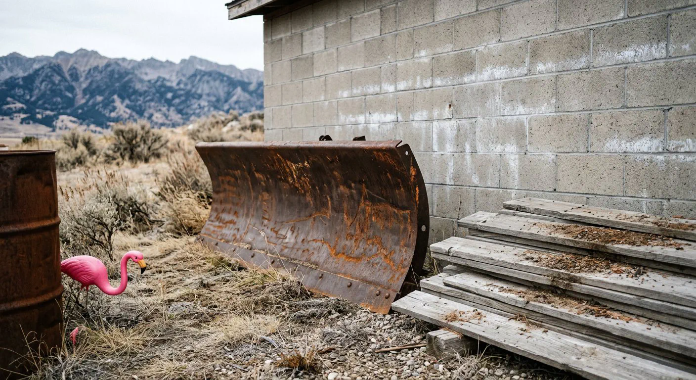 A weathered, iron-heavy snowplow blade rests against the salt-streaked cinderblock wall of the Bridger Bowl maintenance shed.