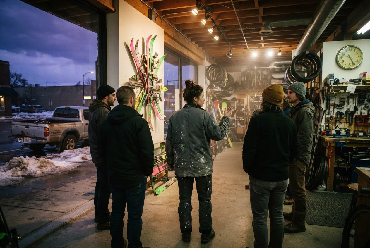 A low-angle, candid shot inside Base Lodge Ski & Cycle on North 7th.