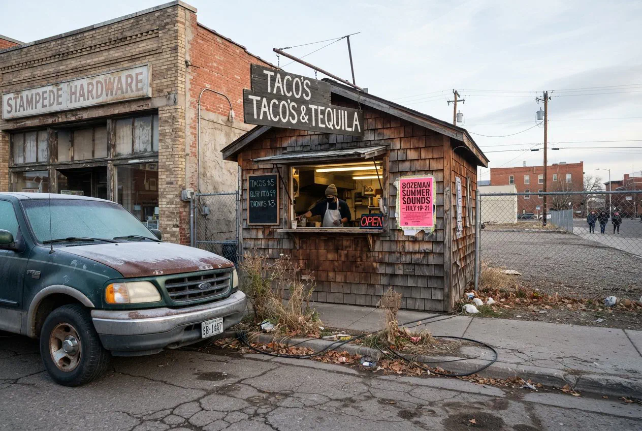 A street-level, eye-level exterior shot of the "Main Street Tacos" pop-up shack, a weathered, cedar-shingled structure squeezed between a brick hardware store