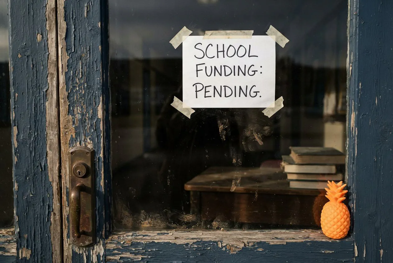 A tight, eye-level shot of the weathered, peeling paint on the front door of the Wisdom Elementary School.