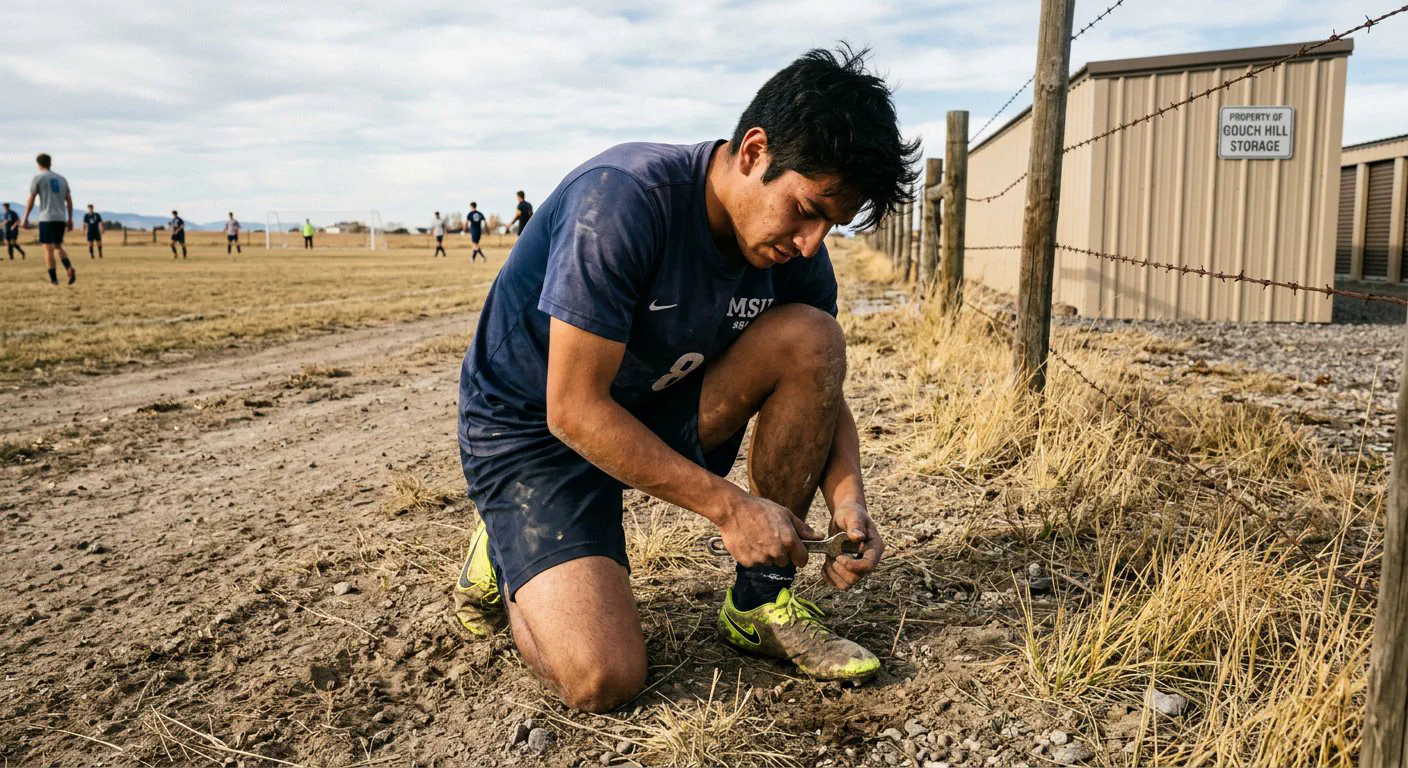 A candid, eye-level medium shot of 22-year-old Mateo, a lean Mexican-American college student, kneeling in the dirt at the edge of the pitch on Gooch Hill Road.