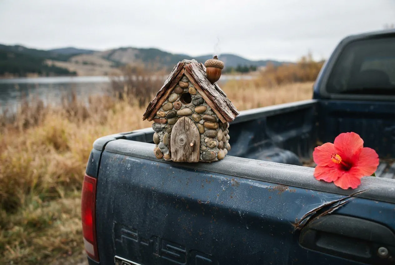 A close-up, eye-level shot of a single miniature fairy house resting on the weathered, rust-flecked steel tailgate of a 1998 Ford F-150.