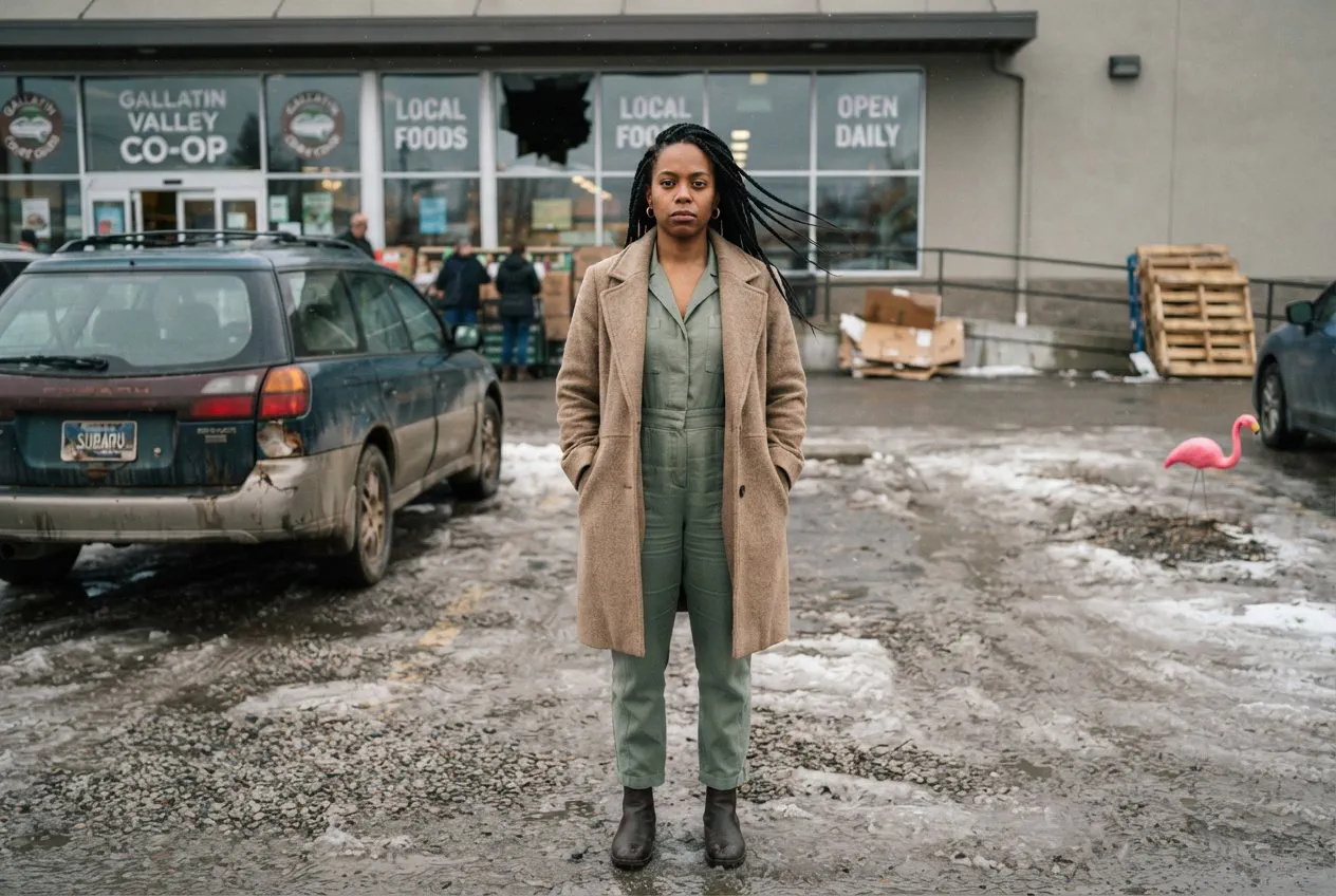 A medium shot of Elena Vance, a 34-year-old Black woman with box braids, standing in the gray, slush-covered parking lot of the Gallatin Valley Co-op.