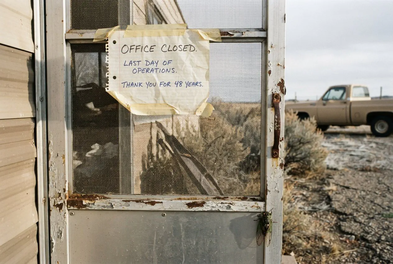 A close-up, eye-level shot of the weathered, screen-door frame of trailer #14 at the former Whispering Pines park in Four Corners.