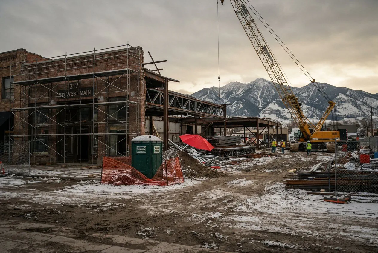 A wide-angle, eye-level shot of the 317 West Main site in late October, under the flat, golden-grey light of a Montana dusk.