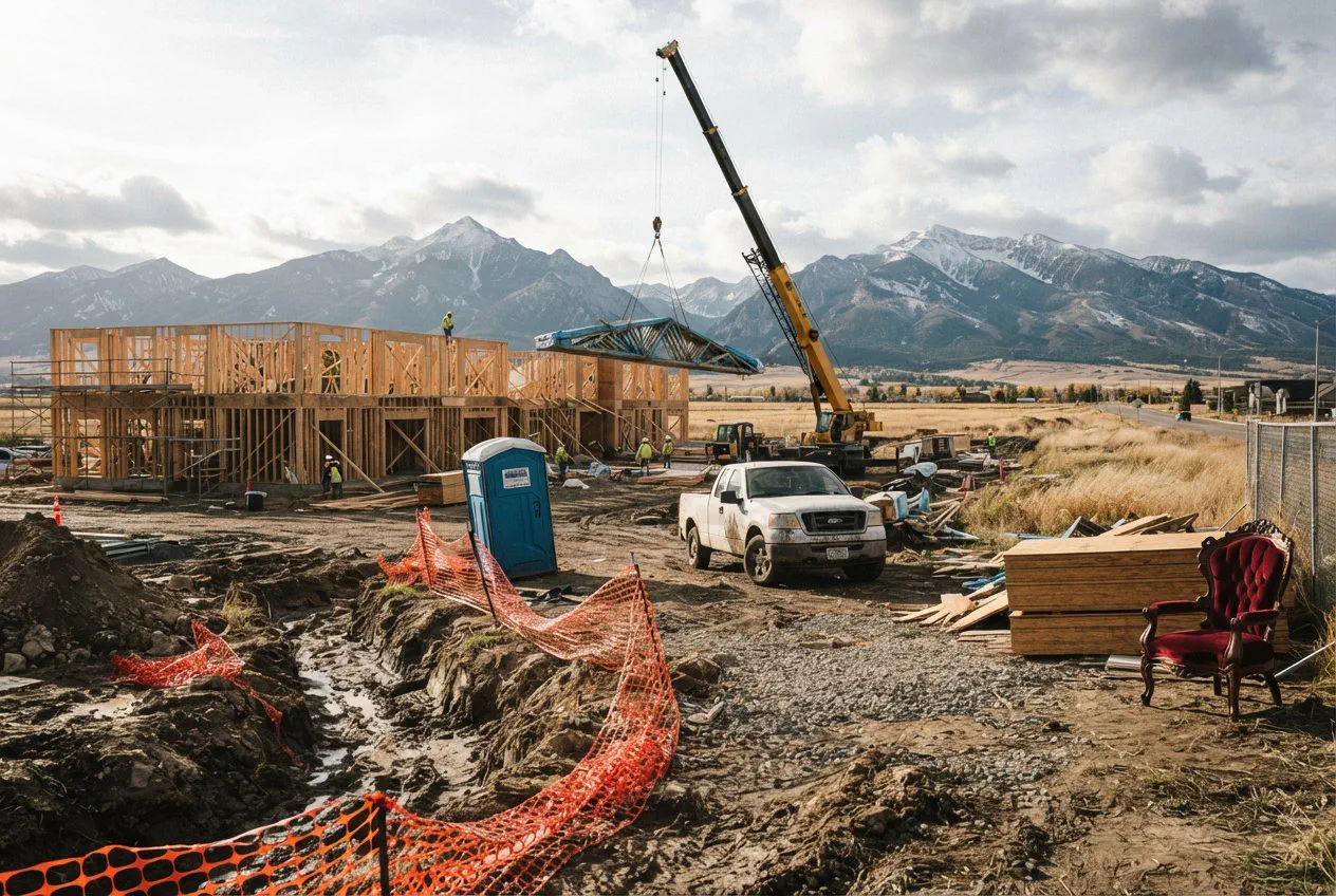 A wide, eye-level shot of the Bridger Commons construction site on North 19th Avenue in Bozeman under the harsh, slanted light of an October afternoon.