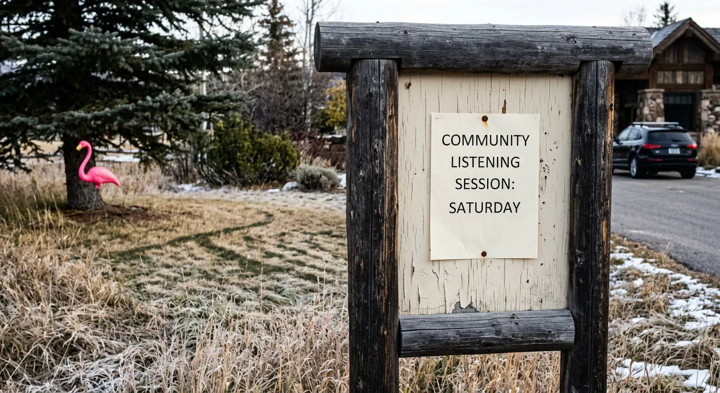 A weathered, cream-colored notice board stands at the edge of the manicured Yellowstone Club entrance road in Big Sky.